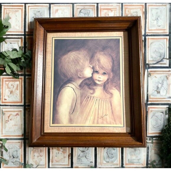 Margaret Kane(Keane) "A Little Kiss" MCM Big Eyes EUC Framed 20" x 17" Vintage - Picture 1 of 6